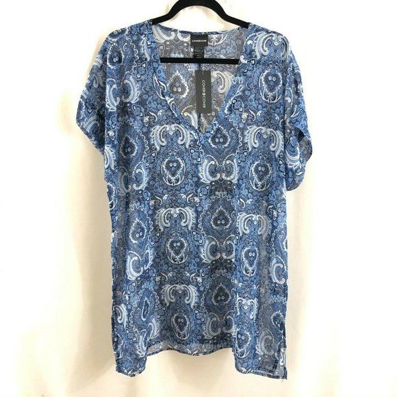 Cover2Cover Womens Swim Cover Up Sheer Paisley V Neck Oversized Blue Size S - Picture 1 of 4